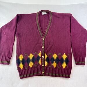 Empress Sportswear LTD. Cardigan Sweater Woman's L 5- Button Up Purple Argyle